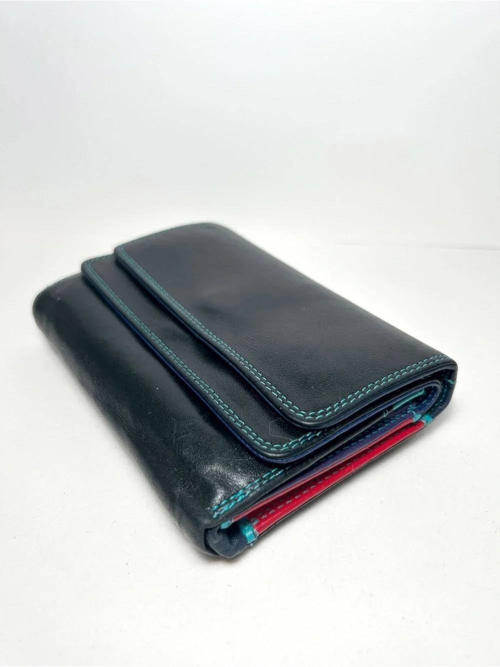 MyWalit Double Flap Ladies Trifold Leather Wallet -Black Multi, with Pen EUC